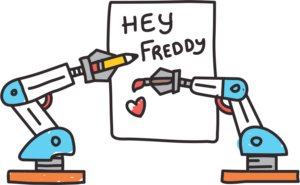 Two robotic arms with blue joints draw a note saying "Hey Freddy" with a heart on white paper
