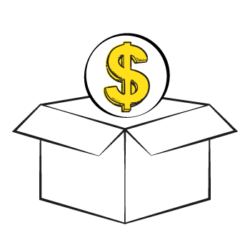 go to market strategy - Open white box with a yellow dollar sign symbol floating above it in a white circle