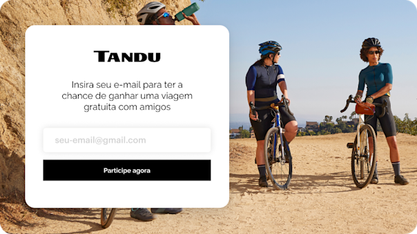 Formulário pop-up incorporado em um site de marketing, oferecendo aos visitantes a oportunidade de participar de um sorteio promocional ao se inscreverem para receber atualizações de marketing por e-mail. Com formulários como esse, as empresas podem aumentar sua lista de contatos sem trabalho manual.