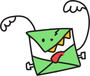 A cartoon envelope character with a green monster face, showing teeth, tongue sticking out, and wavy antennae or wings