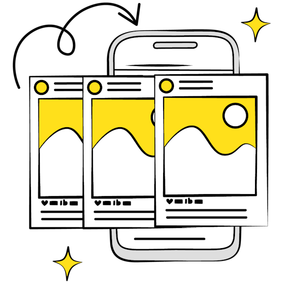 website slides - Line drawing of a mobile device interface showing three content cards with yellow headers and social media interaction buttons below
