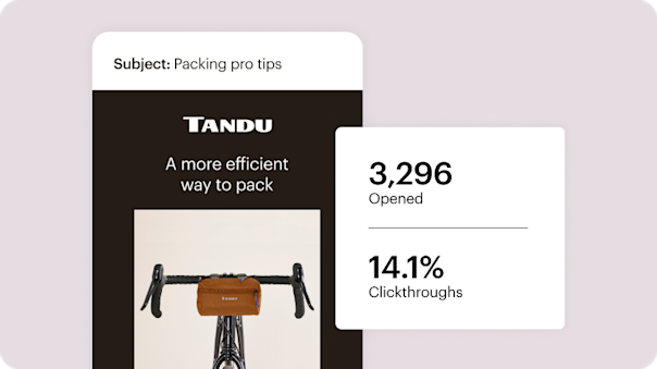 An abstract example of a Mailchimp email, alongside easy-to-understand stats breaking down the total number of opens and the clickthrough percentage.