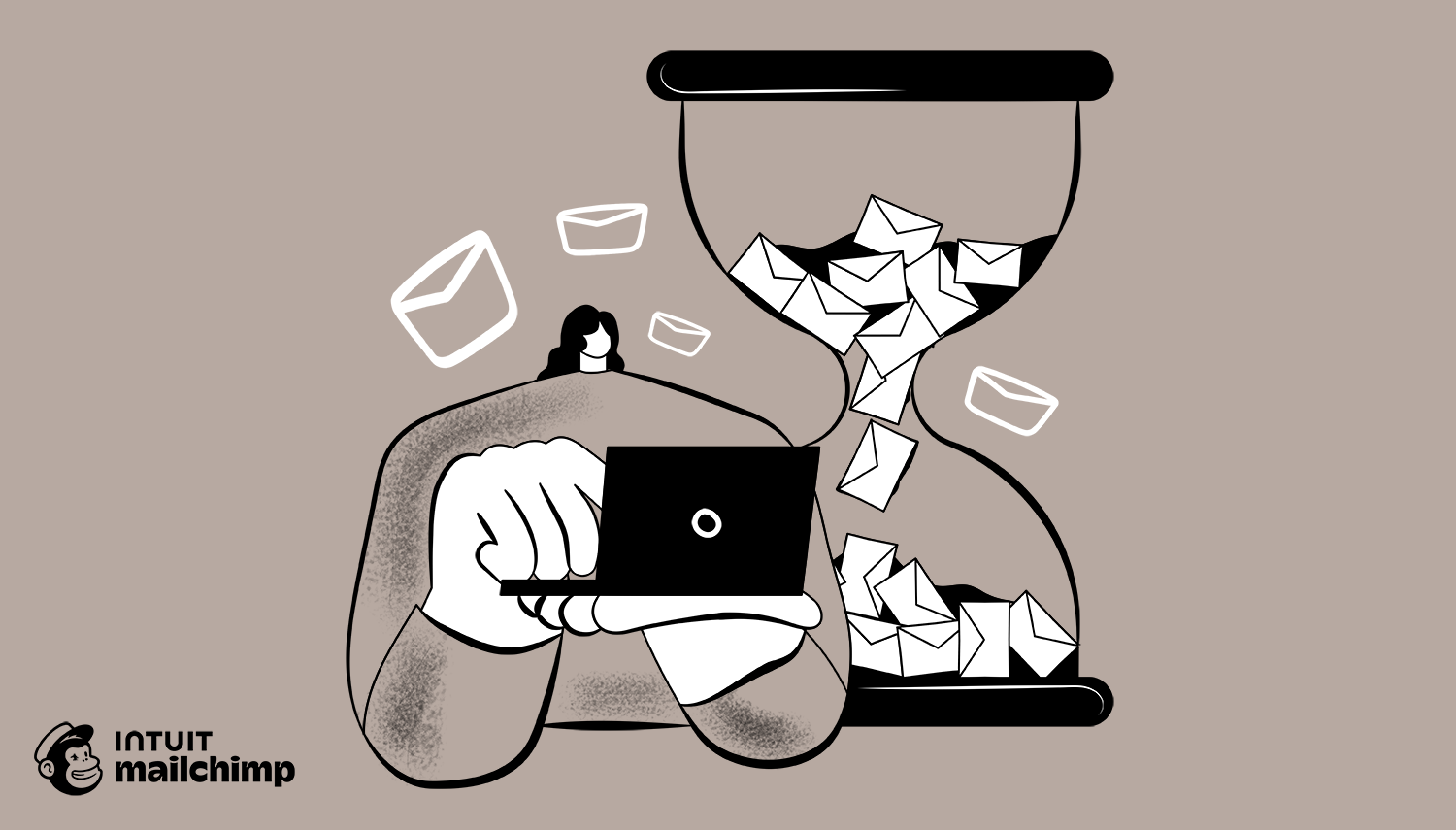Illustration of a person checking email on a laptop with an hourglass filled with envelope icons, symbolizing email management and time
