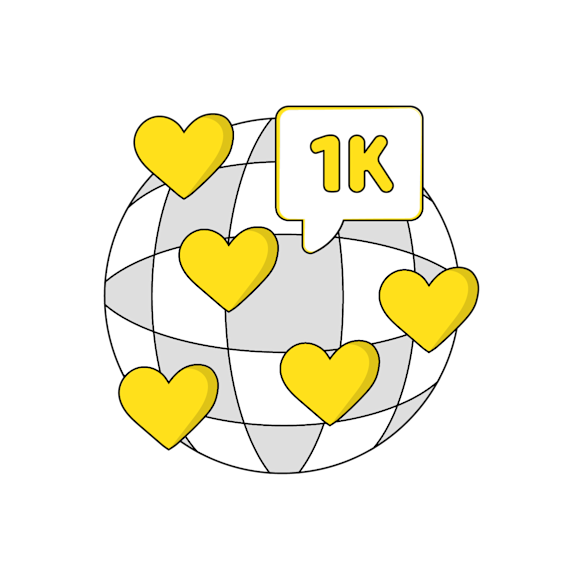 Globe with hearts and speech bubble that says “1k”