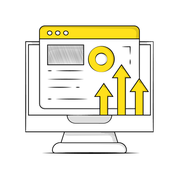 Computer monitor displaying a browser window with yellow header and three upward-pointing yellow arrows showing growth or progress