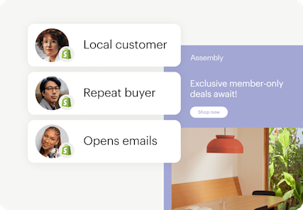 Image showing floating Abstract User Interface of an email from the fictitious brand Assembly, alongside several customer profiles. The visual demonstrates how users can integrate customer data to power campaigns and generate purchases.