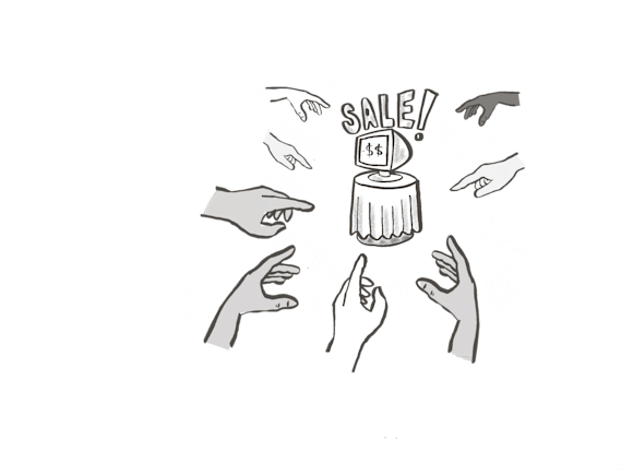 Hands pointing to a sale