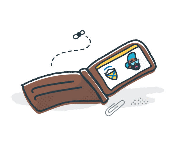 Cartoon illustration of an open brown wallet with an ID card showing a security badge and avatar icon