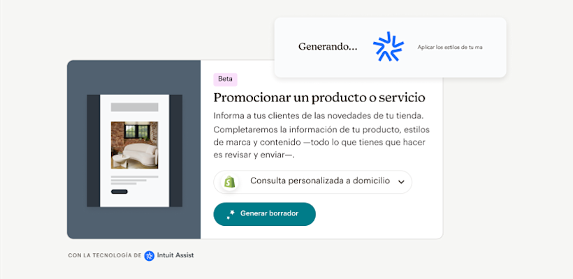 Ejemplo de Intuit Assist que genera un correo electrónico para promocionar un producto o servicio