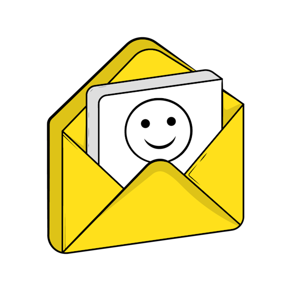 welcome emails - Yellow envelope containing a white paper with a simple smiling face drawing