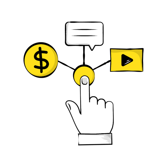 text message marketing - Simple line drawing of a stick figure with a yellow circular head holding a dollar coin, with a speech bubble above