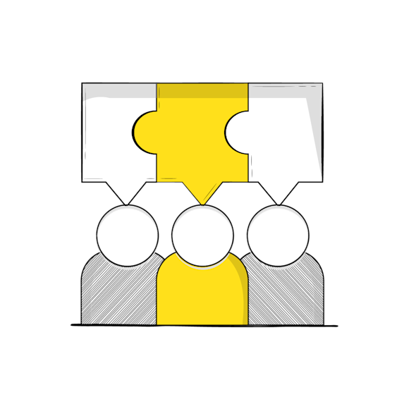 Three people icons with speech bubbles above them