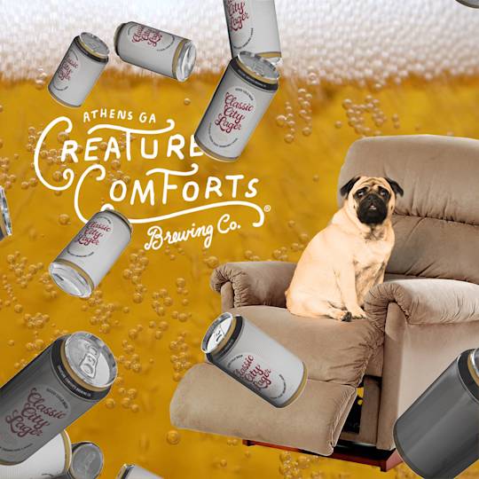 Pug dog sits on beige recliner surrounded by floating beer cans against bubbly golden background with Creature Comforts Brewing Co. logo