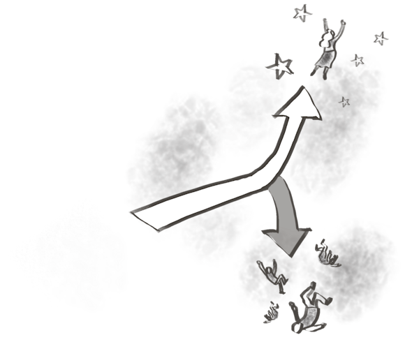 Arrow pointing to people falling and flying