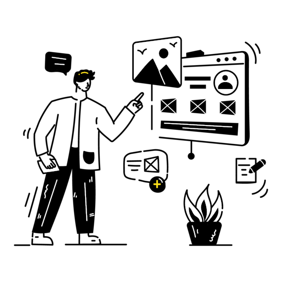 Graphic of a man pointing at a marketing campaign on a board