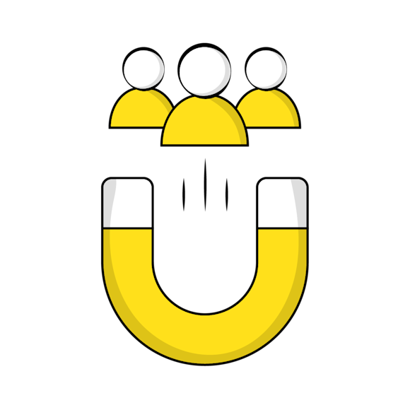 monitor bounce rate - Simple icon showing three stick figures in yellow above a large yellow U-shaped magnet symbol