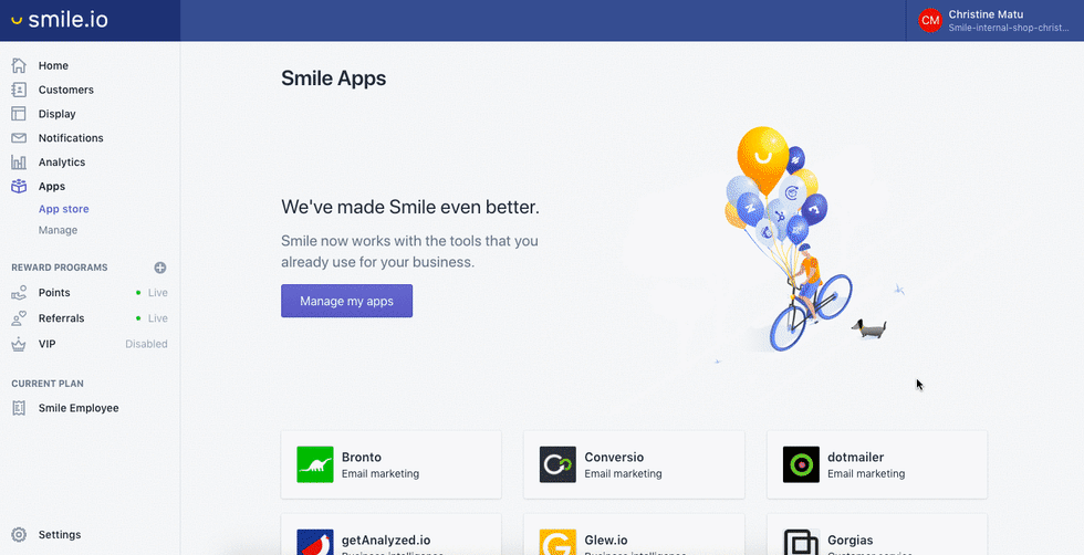 Gif of smile.io interface demonstrating how to connect the mailchimp application