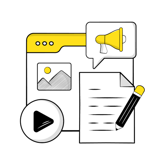 create content that resonates concept - Line drawing of content creation elements: video play button, document with pencil, and megaphone icon in speech bubble