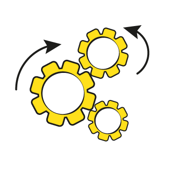 customer needs - Simple black line drawing of yellow gears and arrows showing movement and mechanical flow