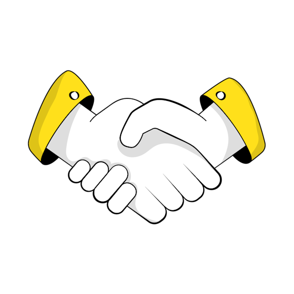 Cartoon illustration of a handshake with yellow sleeves, depicting a business agreement or partnership