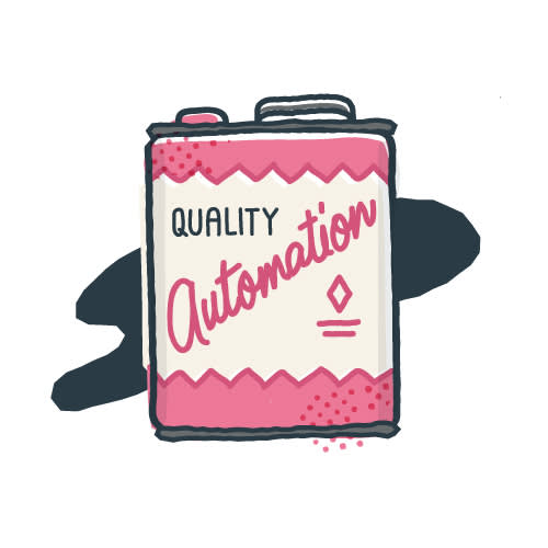 Stylized illustration of a pink and white container labeled "Quality Automation" with decorative zigzag patterns and dots