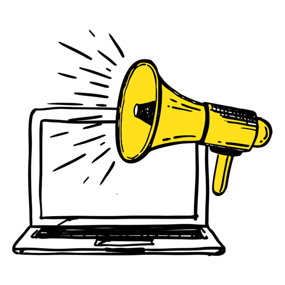 Graphic of a megaphone and a laptop