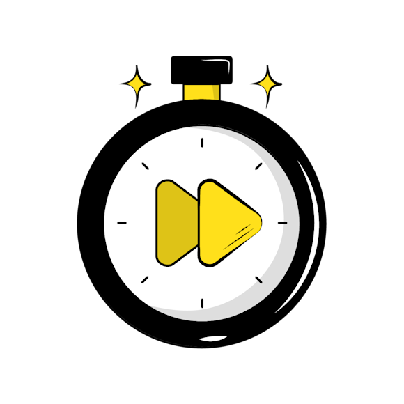 A black stopwatch with yellow fast-forward arrows in the center, decorated with sparkle effects on top