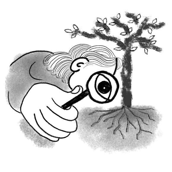 Woman with magnifying glass, looking at tree roots