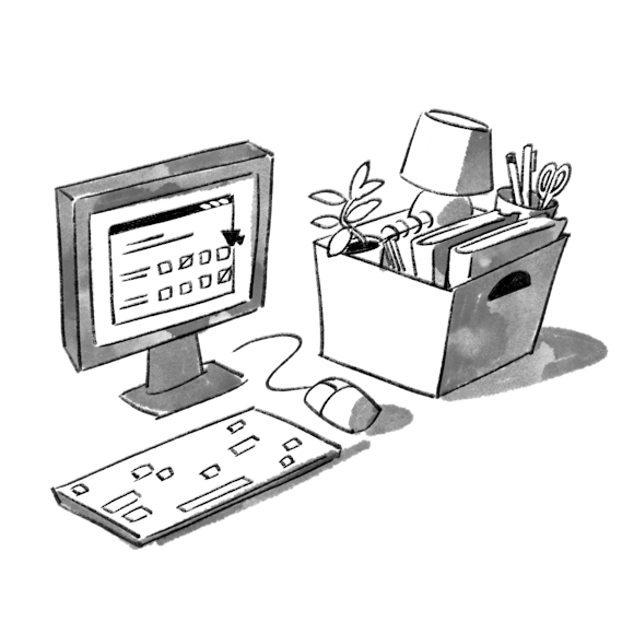 Computer, with a box of office supplies