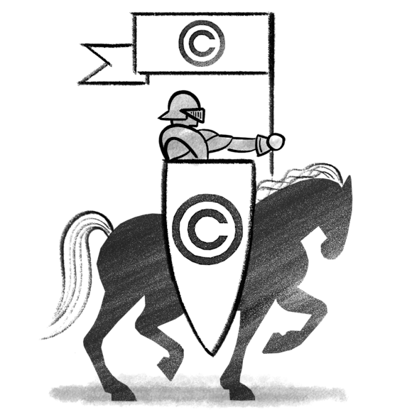 Knight on a horse with a flag with a copyright symbol