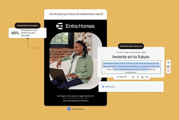 Interfaz de marketing que muestra la campaña de Entra Homes con contenido y análisis generados por IA, sobre un fondo amarillo