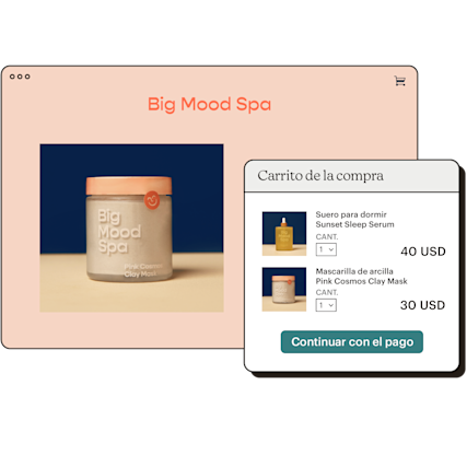 Ejemplo de página de inicio de una tienda, con un segundo panel que incluye los artículos de un carrito de la compra.