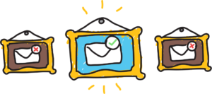 Three framed cartoon drawings showing envelopes, with the center blue frame highlighted and glowing