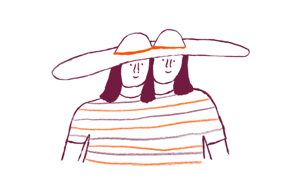 Simple line drawing of two figures wearing wide-brimmed hats and striped shirts