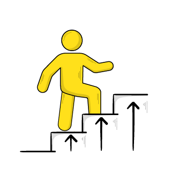 what is a brand manager - Yellow stick figure climbing up ascending stairs with upward arrows, representing progress or advancement