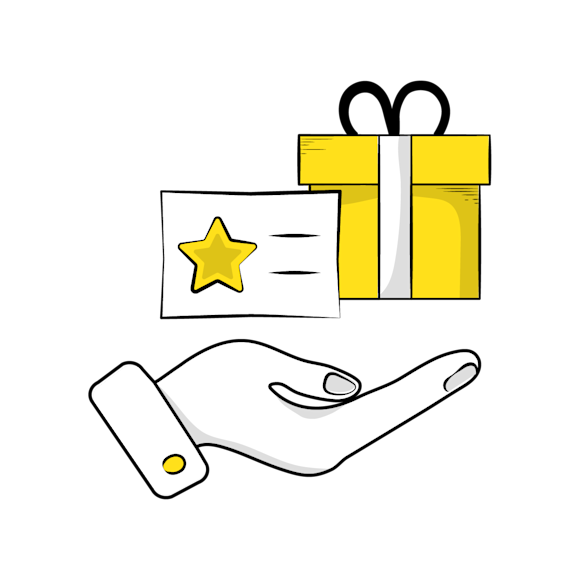 A hand holding up a gift card and wrapped gift