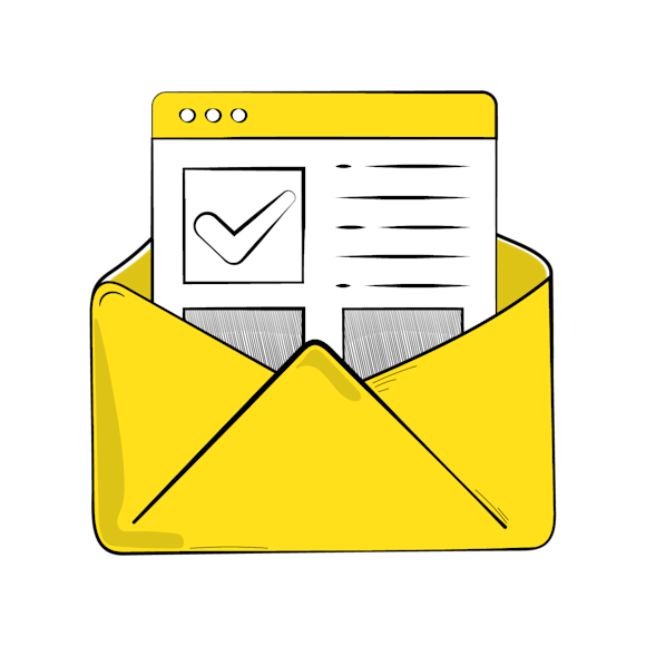 email survey design concept - yellow envelope containing a browser window with checkmark icon and text lines, indicating a confirmed or approved digital message