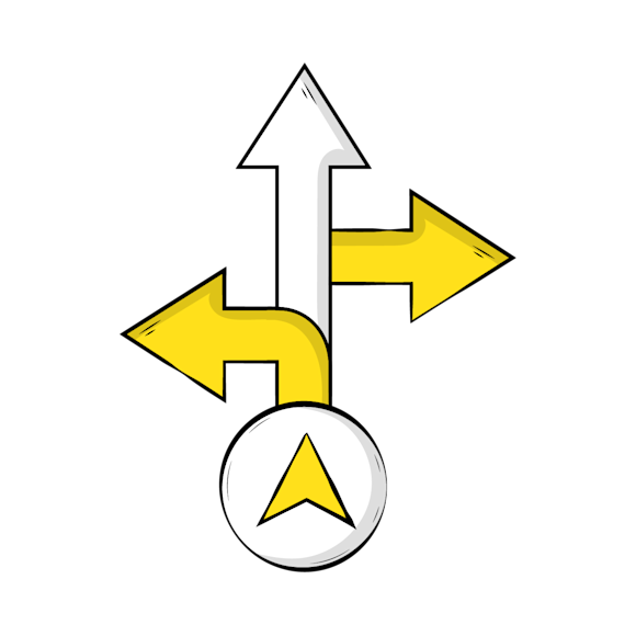types of short codes - Stylized yellow arrows pointing in different directions with a circular compass-like design element beneath