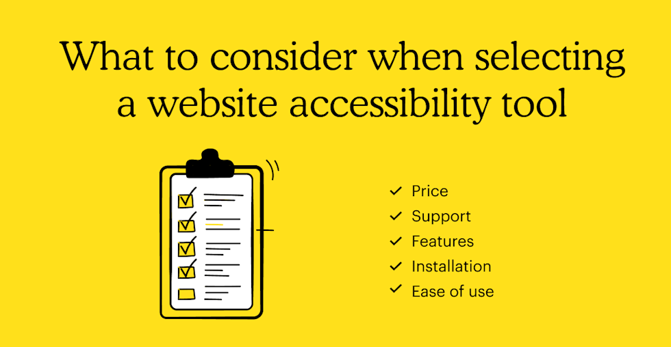 Graphic with illustrated clipboard and the headline "What to consider when selecting a website accessibility tool"
