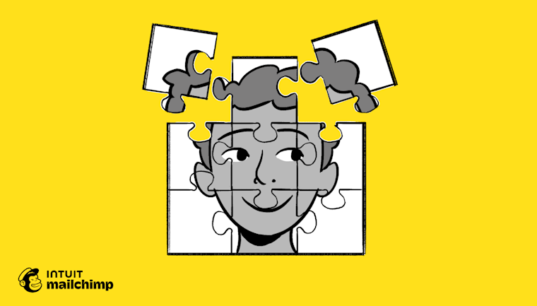 Illustration of a jigsaw puzzle with a smiling face, with some pieces floating above, set against a bright yellow background with Mailchimp logo
