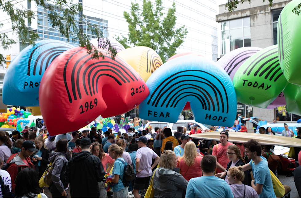 Mailchimp Pride Parade balloons designed by artist Adam Kurtz and the Mailchimp Design Team.