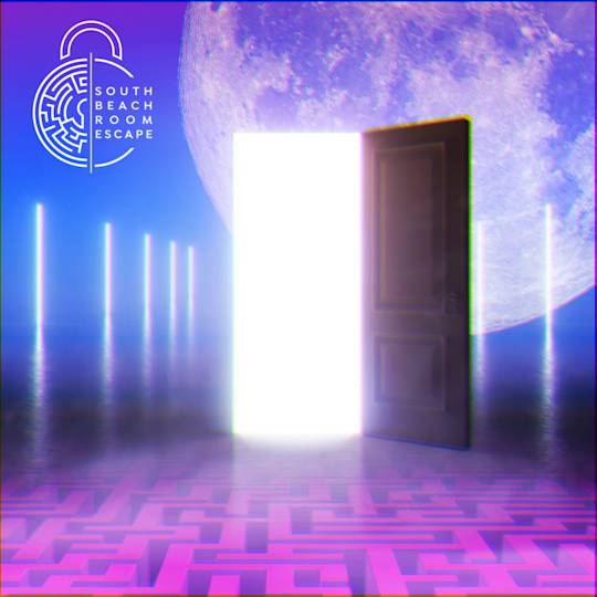 Glowing doorway in surreal purple space with maze-like floor pattern and vertical light beams, South Beach Room Escape logo visible