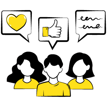 grow your facebook - Three people in yellow shirts with speech bubbles showing a heart, thumbs up, and wavy lines above them in a simple line drawing style