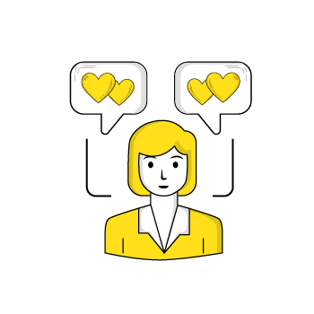 AIDA models - Simple line drawings of a cartoon face with 2 speech bubbles with hearts in them 