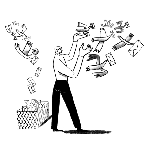 Artistic illustration of a human receiving letters from birds and sending out letters via birds