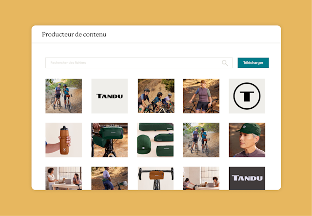 Le producteur de contenu de Mailchimp avec un assortiment de fichiers comprenant des images de produits et des logos.