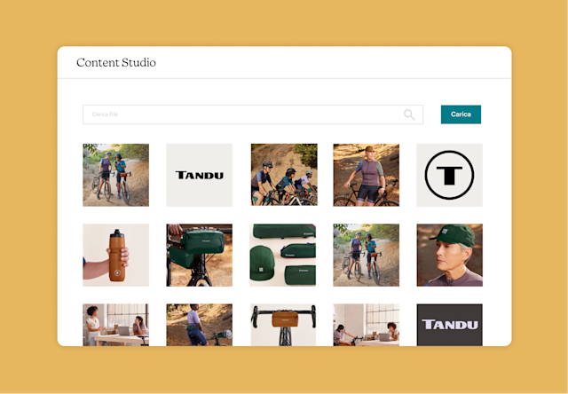 Content Studio di Mailchimp con un insieme di file, tra cui immagini e loghi dei prodotti.