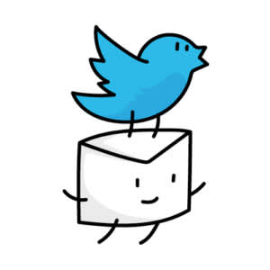 A simple cartoon drawing of a blue Twitter bird perched on top of a smiling white marshmallow character with stick arms and legs