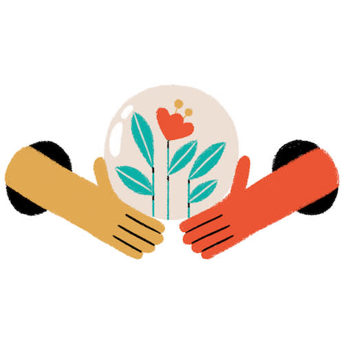 Stylized illustration of hands passing flowers and plants between them, shown in coral, teal, and mustard yellow colors