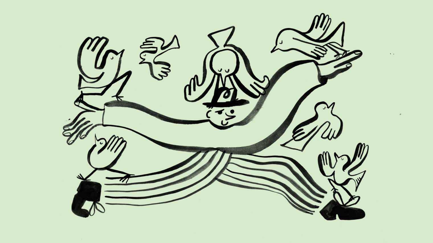 A person walking with birds